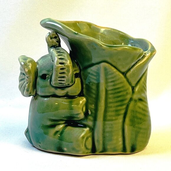 Vintage Green Ceramic Baby Elephant Planter Hugging Leaf Design 4” USA - Picture 1 of 7